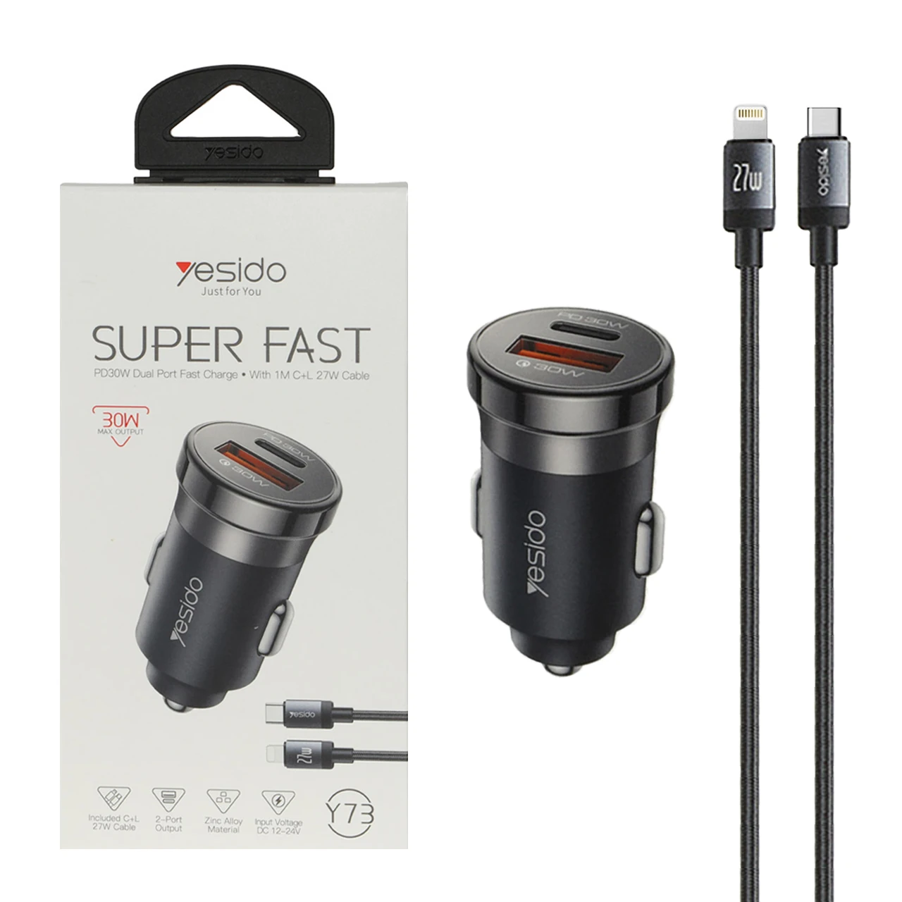 شارژر فندکی سوپر فست وPD دو پورت Yesido مدل Y73 30W به همراه کابل شارژ Type-C To Lightning - مشکی (گارانتی 18 ماه تعویض نیکان همراه)
